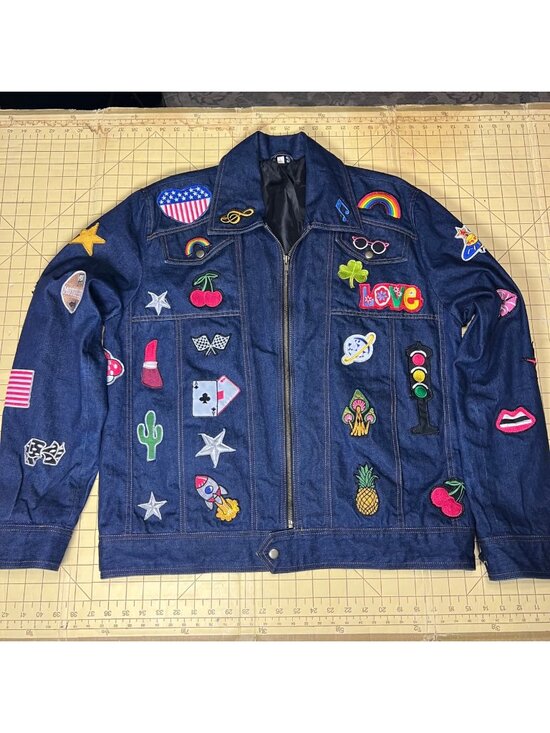 LG Other - Custom Denim Jacket With Colorful Patches & Embroidery Full Zip Closure Unique D